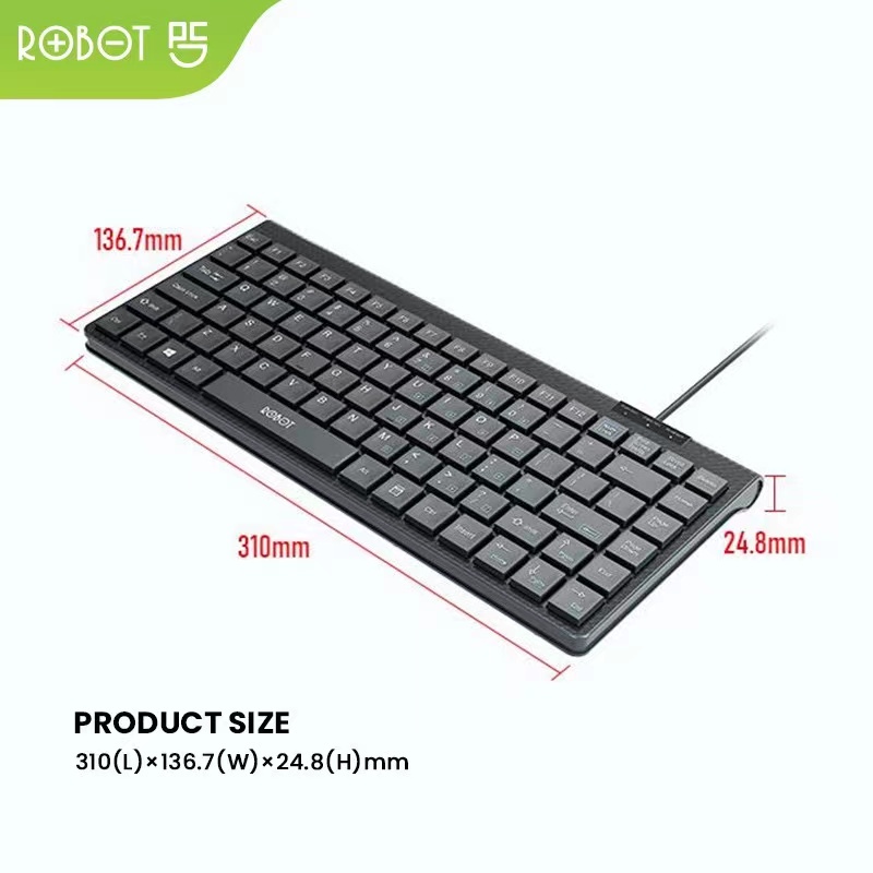 Portable Mini Wired Keyboard ROBOT RK10 ULTRA BLACK Silent Button Original Garansi 1 Tahun