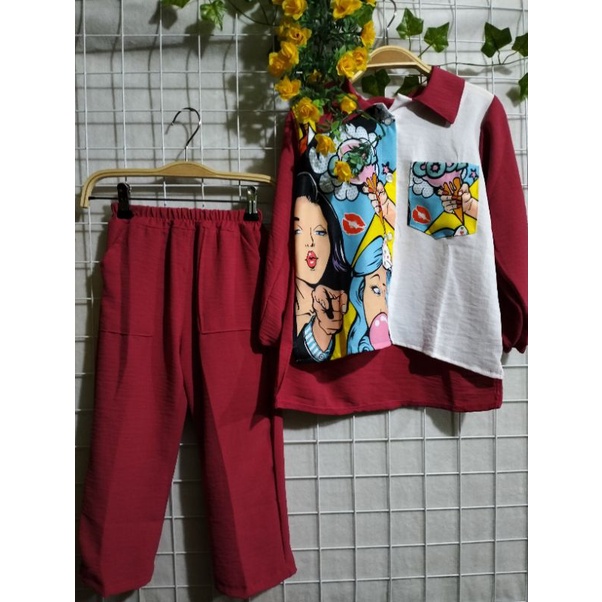 ONE SET CRINKLE AIRFLOW CROP PRINTING 2-10THN ECER GROSIR