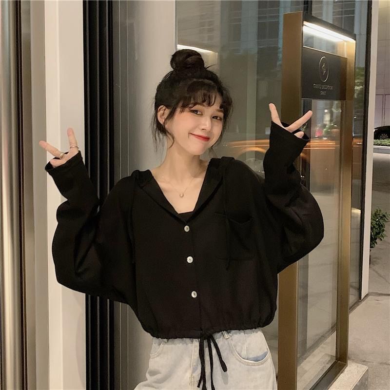 ►❡▧[Pengiriman 24 Jam] Musim Semi dan Musim Gugur Versi Korea Gaya Malas Baru Berkerudung Tali Pendek Bagian Tipis Populer Lengan Panjang T-shirt Sweater Wanita In Top Tide