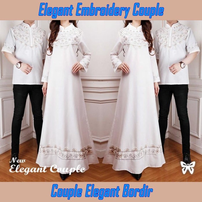 Gamis Couple Baju Muslim Suami Istri Pasangan Kekinian Batik Kapel Kondangan Pesta Elegant Embroidery Couple White