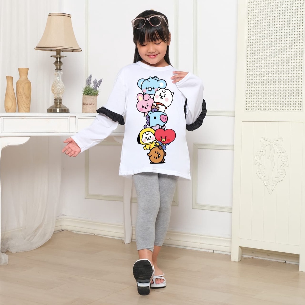 Hzl_outfit Baju Lengan Panjang Kerut Lumbai Naswa BT21 Susun M(5-6tahun) L(7-8tahun) XL(9-12tahun)