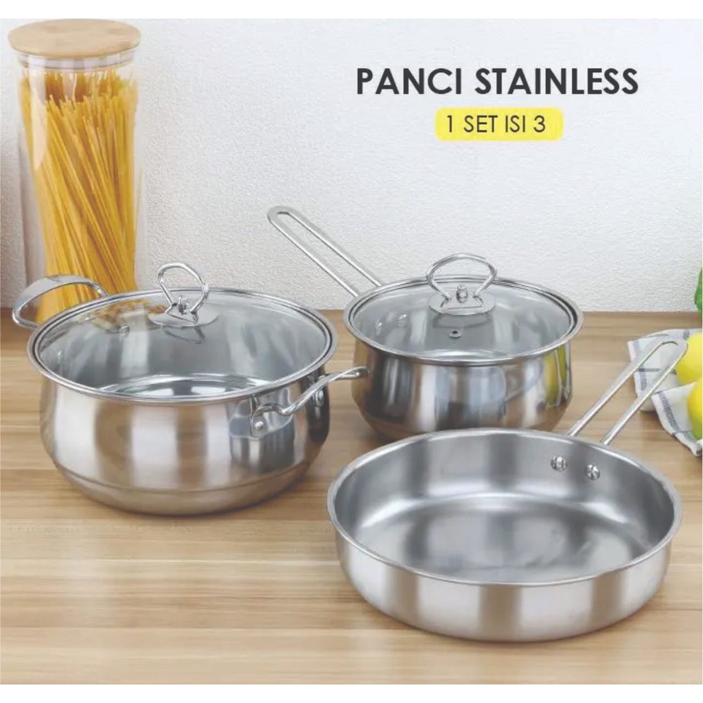 PROMO Panci Teflon Panci Masak Stainless Steel 1 Set Isi 3 Panci set tutup kaca wajan praktis-TERMURAH