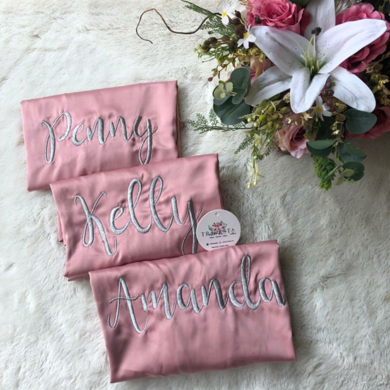 Basic Robe - KIMONO BRIDESMAID SATIN WARNA DUSTY PINK  + FREE BORDIR (TULISAN BEBAS BISA NAMA)