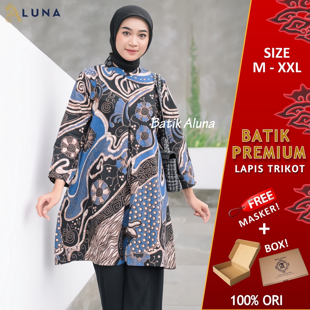 Atasan Batik Wanita Tunik Lengan Panjang Katun Lapis Trikot Premium Modern Original Model Resleting Belakang Batik Kerja Kantor Kondangan Size M L XL XXL 022