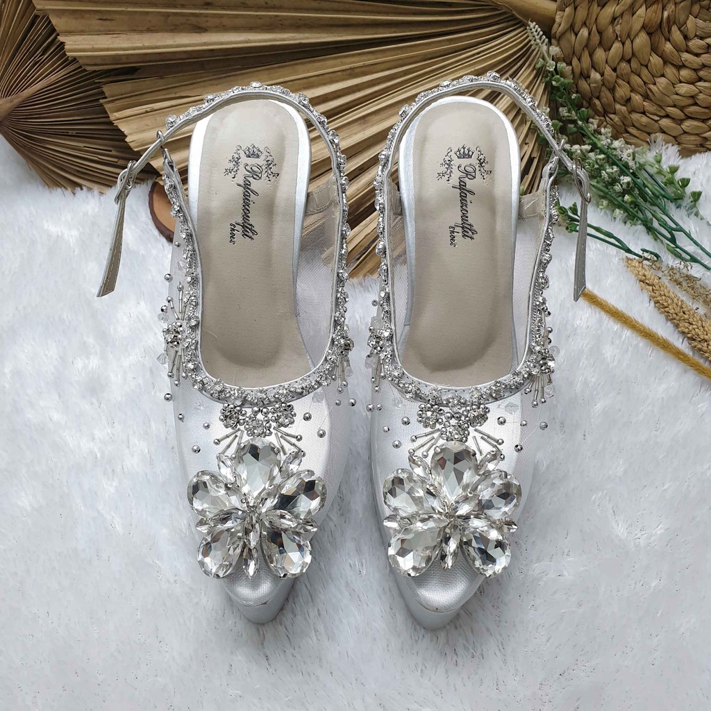 Sepatu wedding pesta cantik khansa silver payet mewah hal 12cm