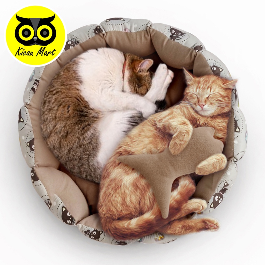 Alas Tempat Tidur Kucing Ekslusif Bonus Boneka Catnip Ikan Gigitan Mainan Kucing Bantal Kucing Anjing Katun Isi Dakron Super Empuk Tebal Premium