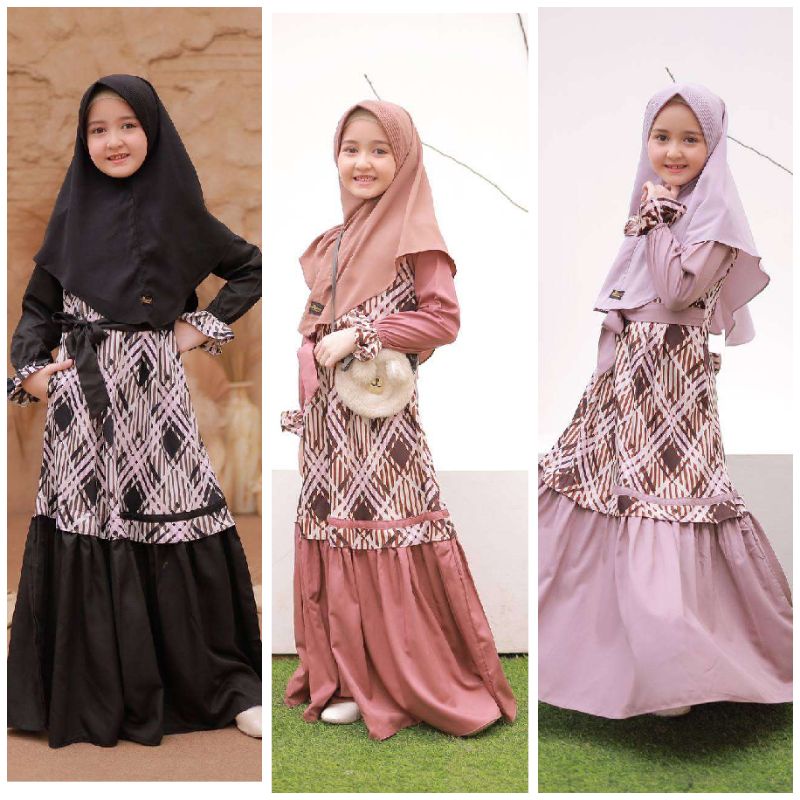 Gamis Anak Perempuan Muslim Bahan Katun Toyobo Set Kerudung Motif Kotak-Kotak untuk Usia 2 Tahun Ke 