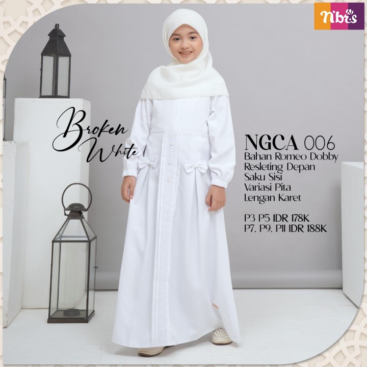 NGCA 006 NIBRAS Baju gamis anak prempuan warna putih hitam polos bahan Romeo Dobby