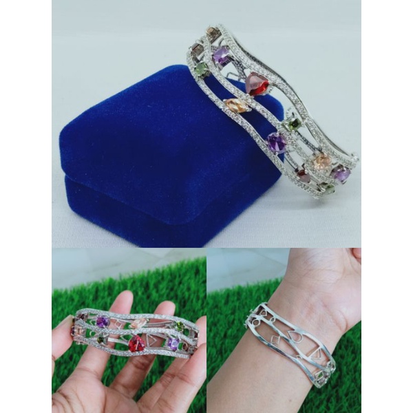 gelang tangan bangle batu warna warni+mp/perak asli silver 925 lapis emas/perhiasan wanita terbaru kekinian