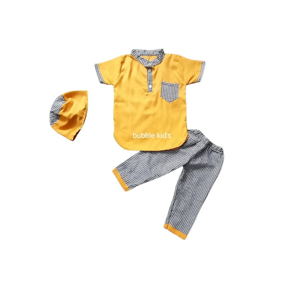 baju anak laki-laki | Koko anak bayi | Koko Turki kotak | setelan Koko + peci bayi dan anak mustard