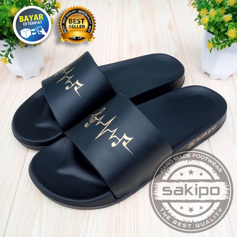 PROMO 2.2 COD SALE !! SANDAL DISTRO KEREN KEKINIAN PRIA DEWASA REMAJA SLIDE HITAM EMAS MOTIF FREKUENSI NADA / SENDAL SLIDE MURAH TERBARU / SENDAL TAHAN AIR TERMURAH / SAKIPO