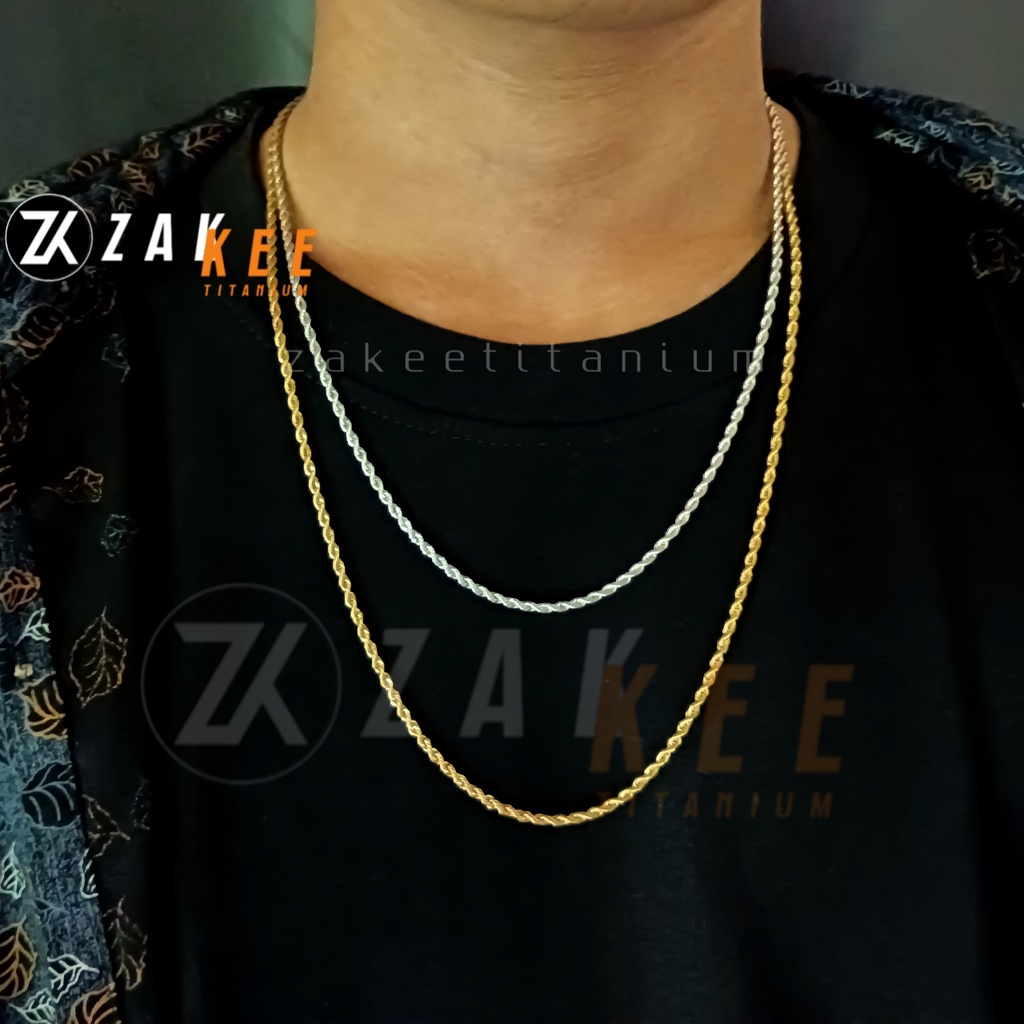 Kalung Pria Titanium Anti Karat Silver Cowok Cewek Keren Wanita Rantai Rante Tali Tambang Ulir Stainless Steel Panjang 45cm 60cm