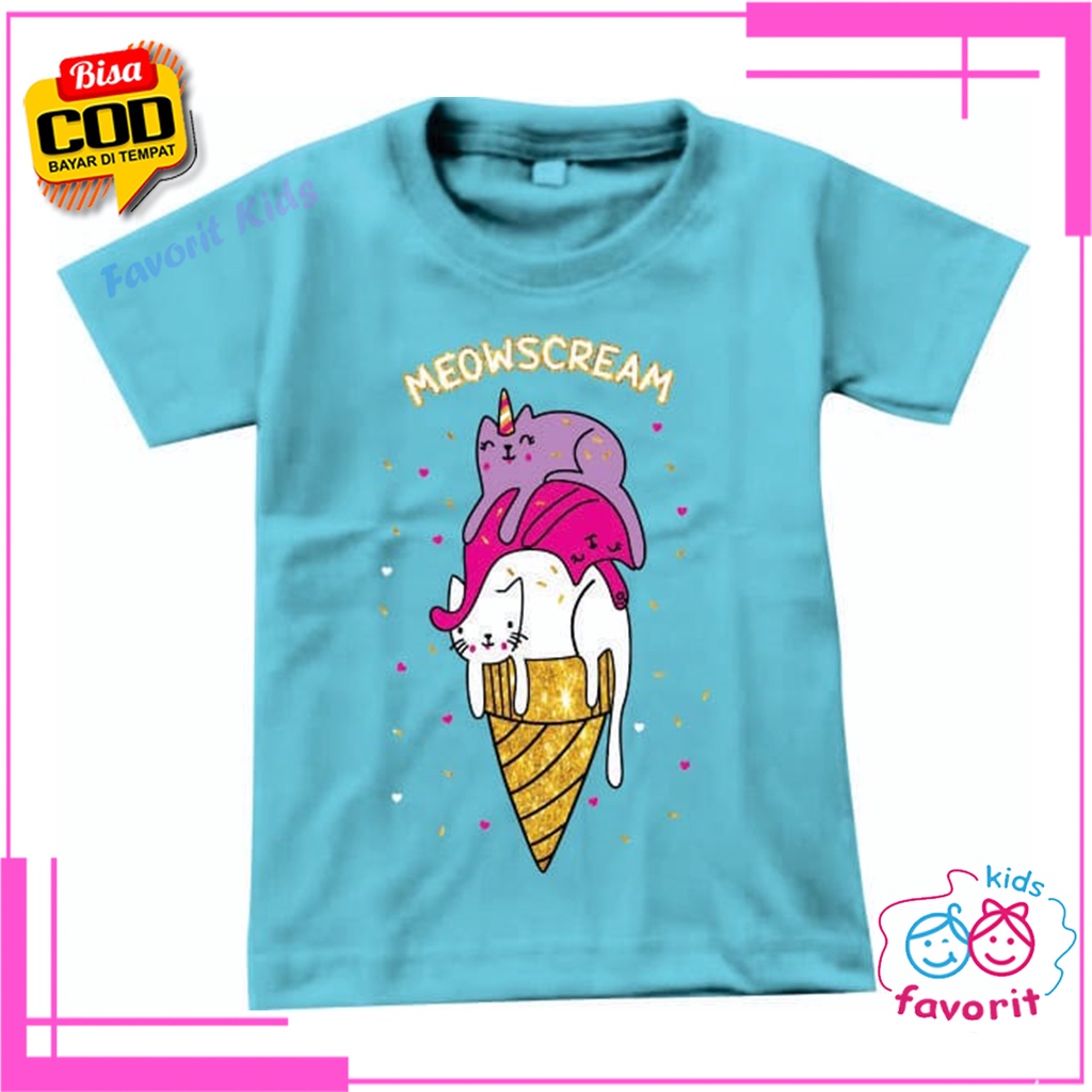 Baju kaos anak perempuan lengan pendek motif cat meow escream