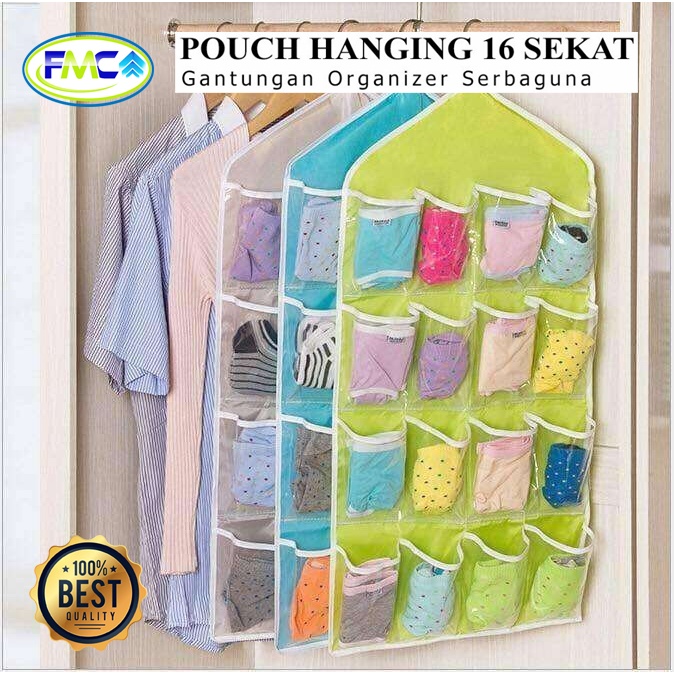 Gantungan 16 Sekat Gantungan Celana Dalam 16 Sekat Pouch Hanging Organizer Gantungan Serbaguna 16 Sekat Wadah Gantung Kaos Kaki Korean Underwear Pouch