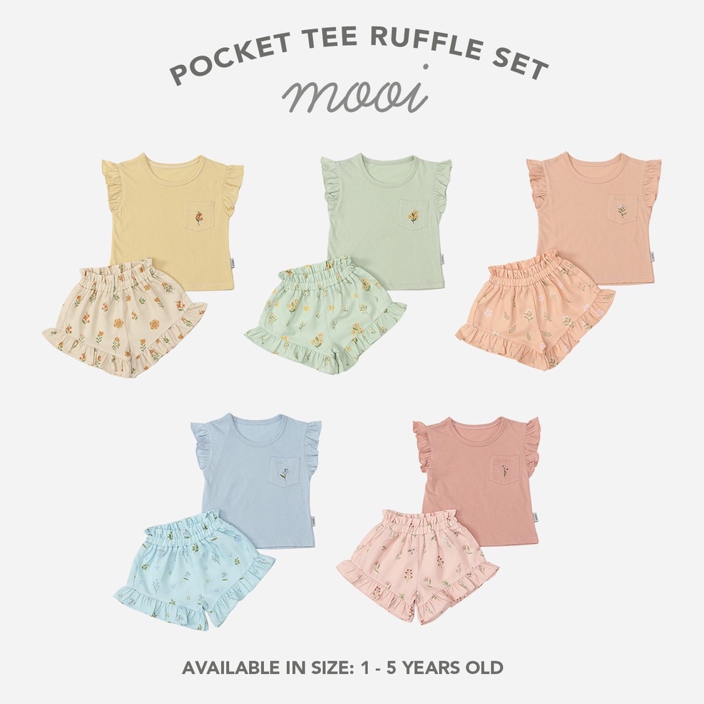 Baju Bayi Setelan Pendek Anak Perempuan Mooi Ruffle Pocket Tee 1-5 Tahun