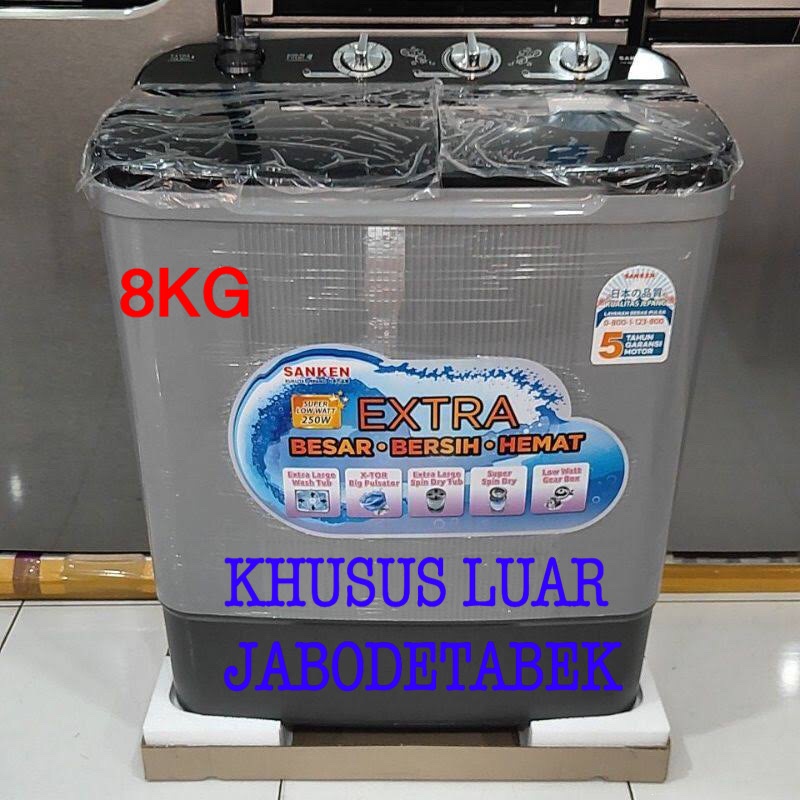 Sanken Mesin Cuci 2 Tabung 8 KG TW-8827 Grey Low Watt Khusus Luar Jabodetabek