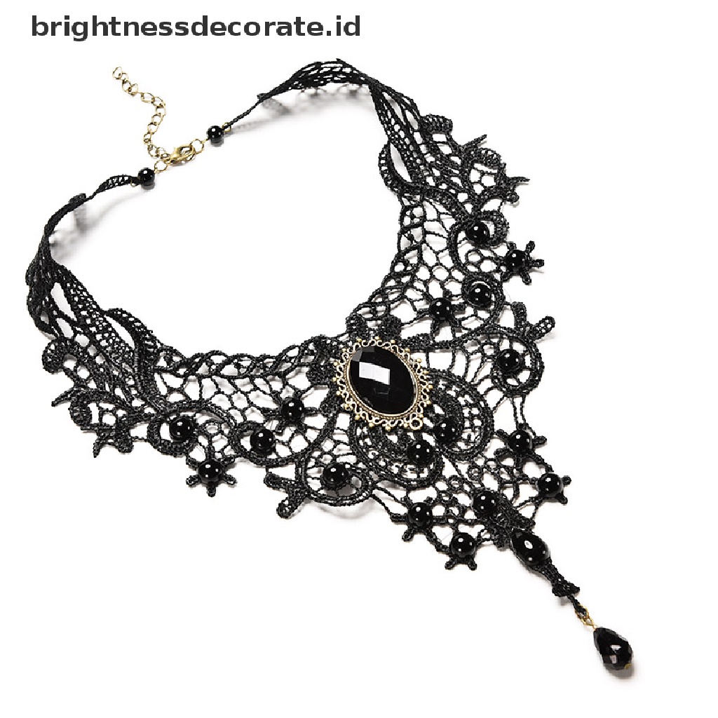 [Birth] Black Lace &amp; Beads Choker Victorian Steampunk Style Gothic Collar Kalung Hadiah [ID]