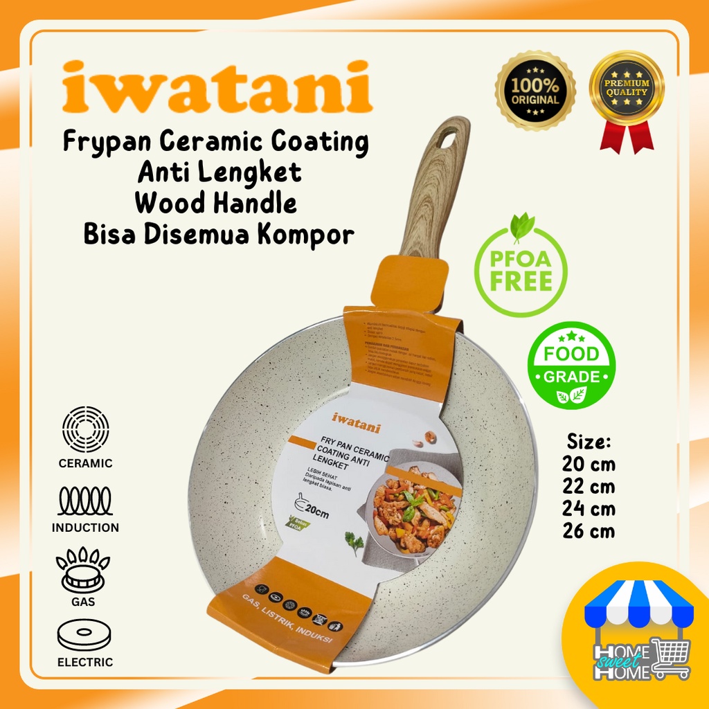 Frypan Iwatani Ceramic Coating Wajan Anti Lengket Gagang Kayu Kompor Induksi Kompor Gas Marble Keram