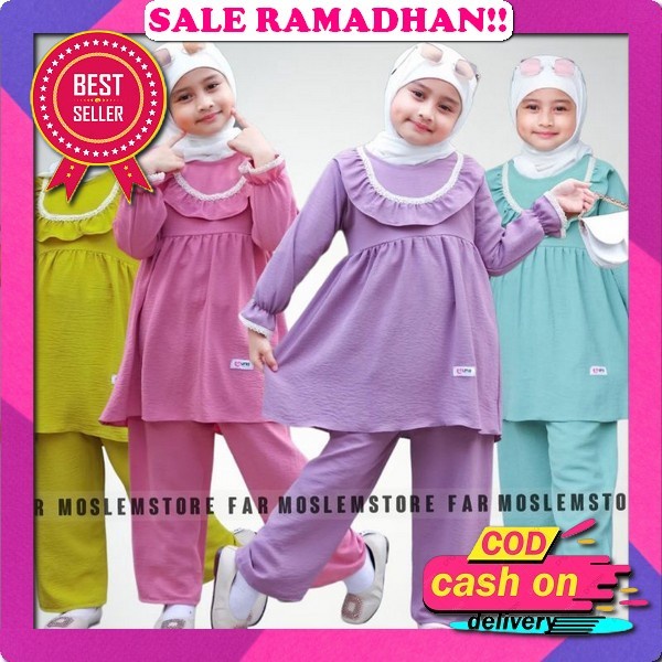 One Set Anak Perempuan Crinkle Terbaru | Setelan Anak Perempuan Usia 2-13 Tahun Model Rufle Bahu Set