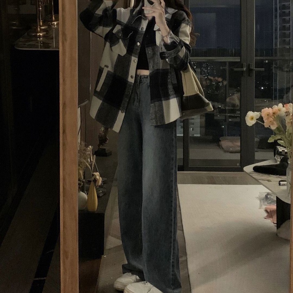 Musim gugur dan musim dingin kemeja lengan panjang kotak-kotak desain wanita niche rasa kemeja longg