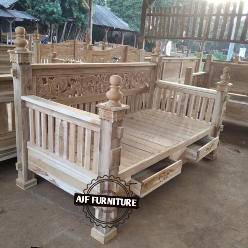 Bangku bale bale ukir jati 2 laci antik jepara 150cm - daybed jati ukir - bale bale kursi panjang