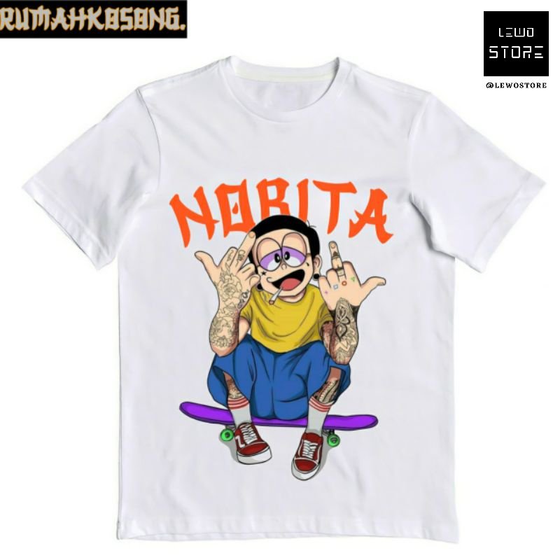 Tshirt Baju Kaos Distro Nobita Skate / Kaos Distro Pria Wanita