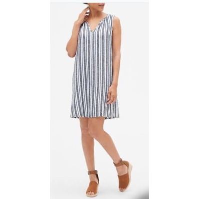 Dress Wanita Linen GAP Linen Striped V - Neck Shift Dress Original