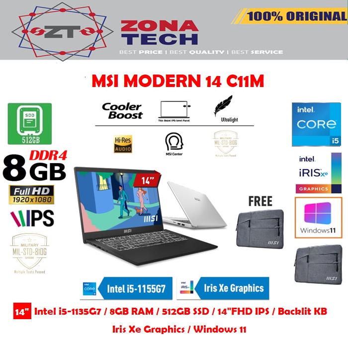 MSI MODERN 14 C11M - i5-1135G7 - 8GB - 512GB SSD - IRIS XE GRAPHICS - 14&quot;FHD IPS - WIN11