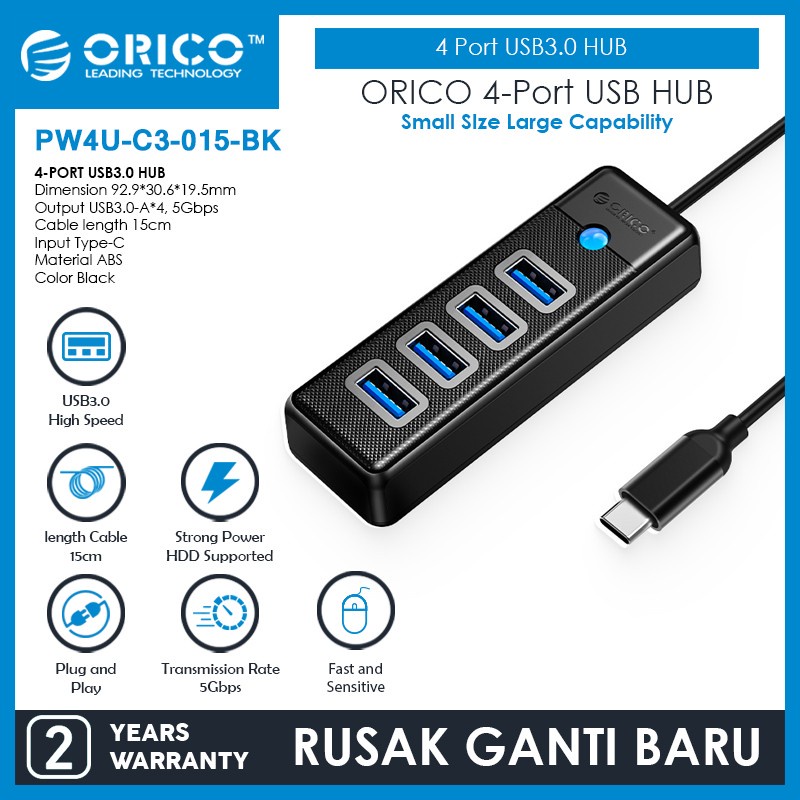 Type-c to Usb A 3.0 hub orico 4 port 5Gbps cable 15cm pw4u-c3-015 - Terminal usb3.0 4 slot