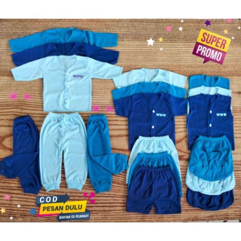 paket hemat baju/celana bayi 0-3 bulan SERI BIRU 9 setel (18 pcs)