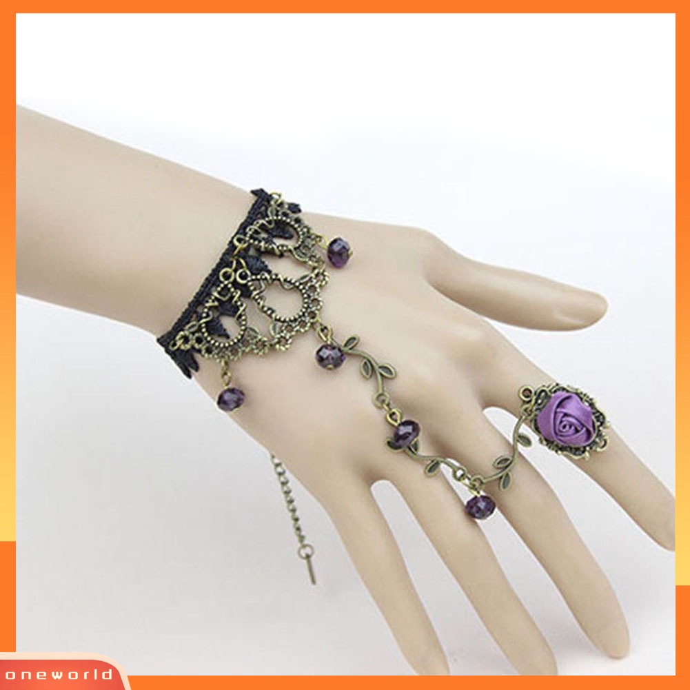 {oneworld} Gothic Perhiasan Wanita Renda Bunga Tangan Budak Rantai Cincin Harness Gelang Hadiah