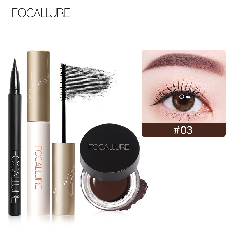 FOCALLURE 3PCS Eye Makeup Set Waterproof Eyebrow Cream Long-lasting Eyeliner Curlying Mascara Beauty Sets