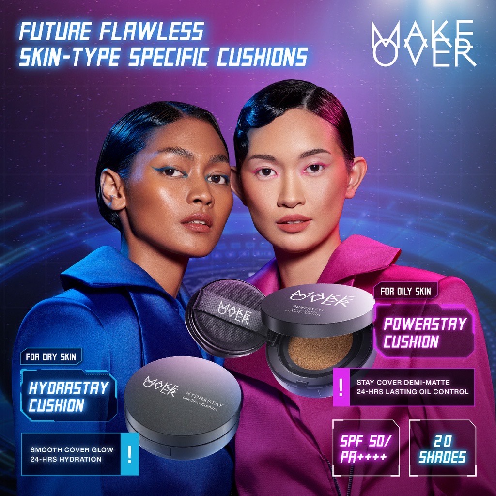 MAKE OVER Hydrastay Lite Glow Cushion Indonesia / Cushion 15g / Design For Dry Skin Hydration Effect 24H Smooth Cover / Cusion Medium High Coverage / Ivory Natural Beige Tan / Makeup Cosmetic Face Make Up Kosmetik Wajah Muka / Makeover Hydra Stay Series