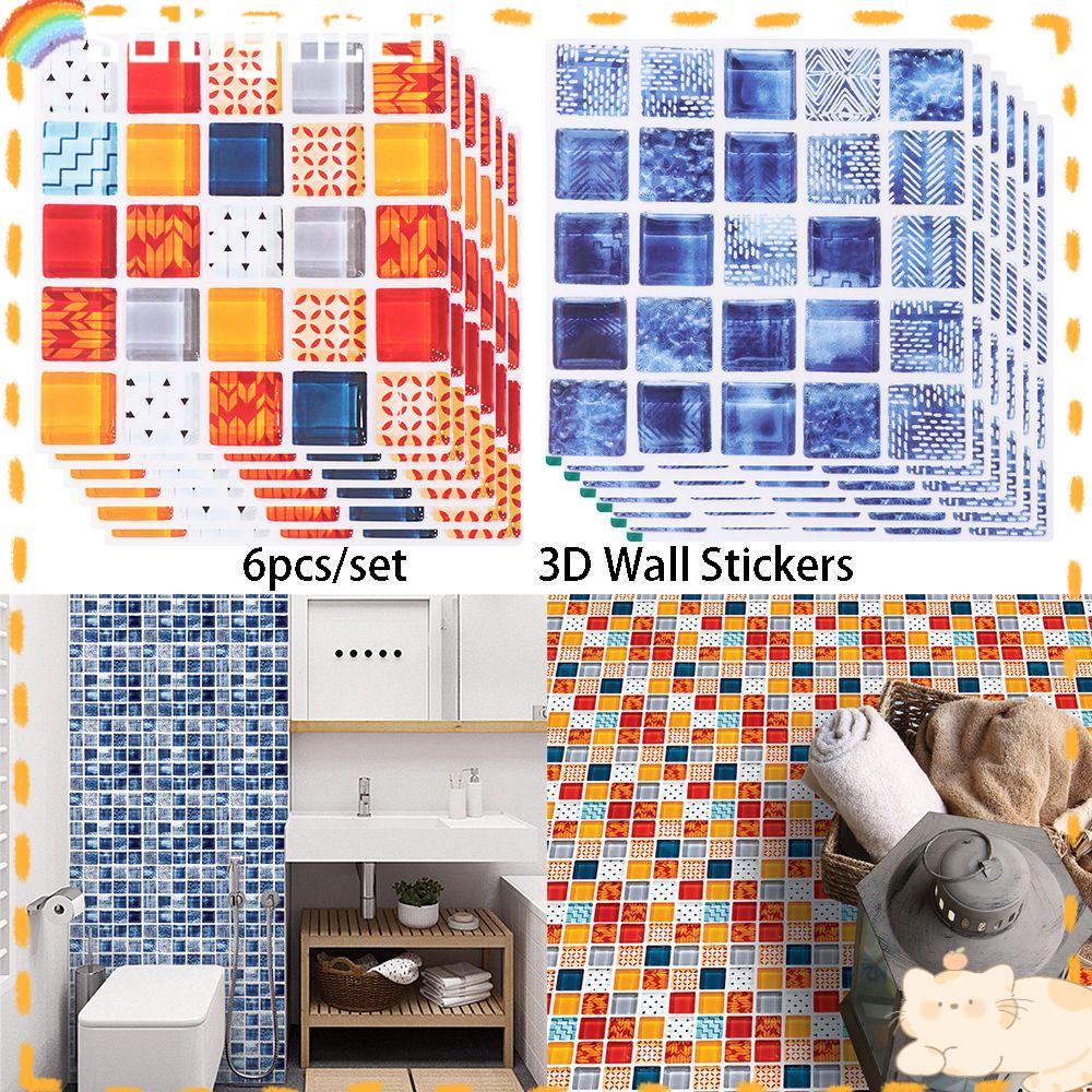 Solighter 6pcs/set Stiker Dinding Kamar Mandi 3D Dapur Mural Lantai Ubin