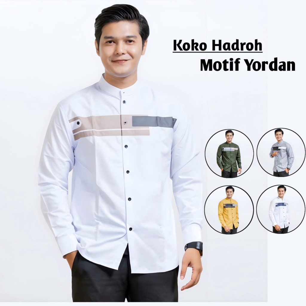 Baju Koko Pria Hadroh Warna Kunyit Kombinasi Motif Yordan Lengan Panjang Warna Putih S M L XL