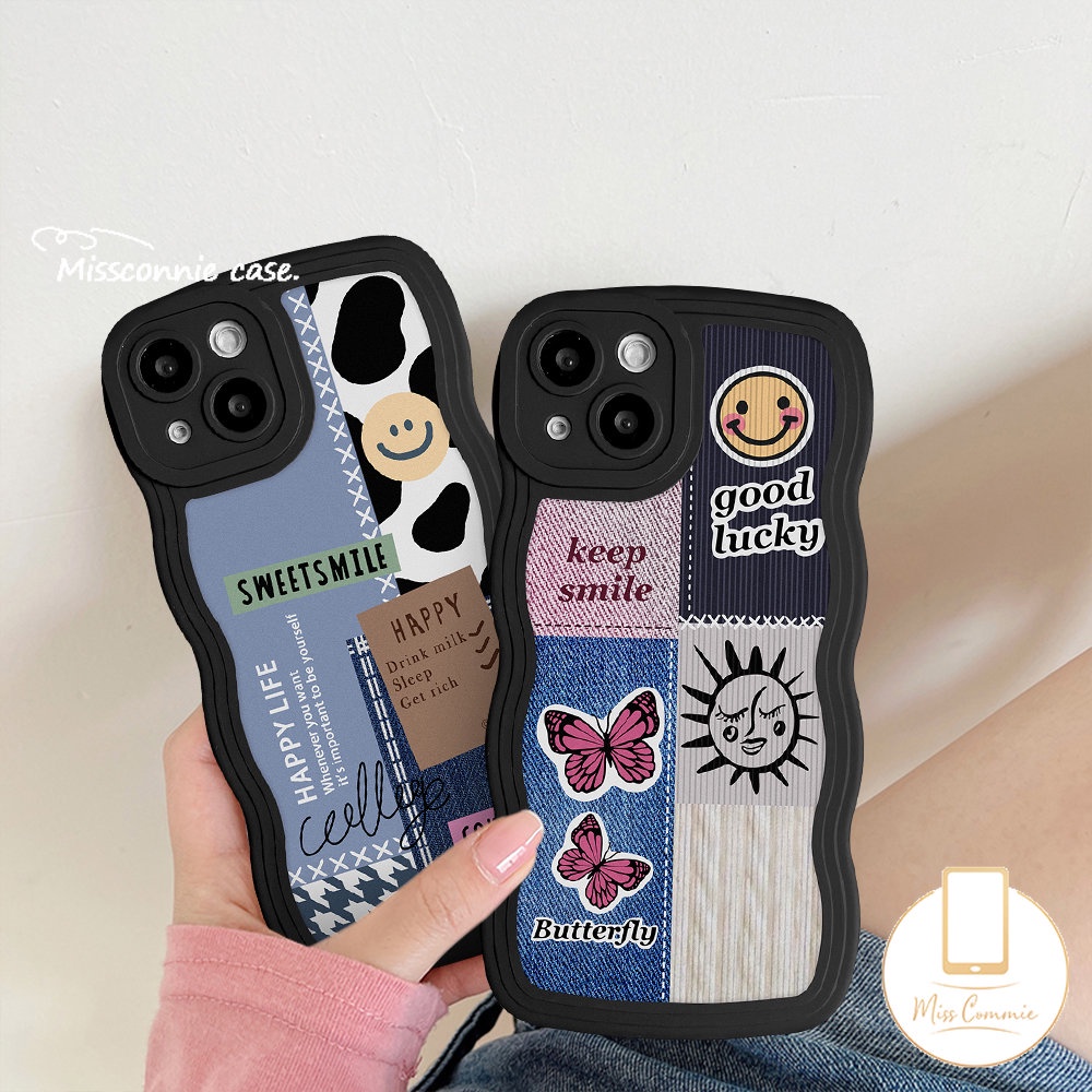 Casing Wavy Edge Soft Case Redmi 10C 12C 9T 10 9A 9C 9a1 10A A1+Note10 11 9 8 10s 9s 11s 10 Pro Max POCO M3 X3 NFC Pro Mi 11T Pro Butterfly Smiley Label Pattern Splicing Sarung