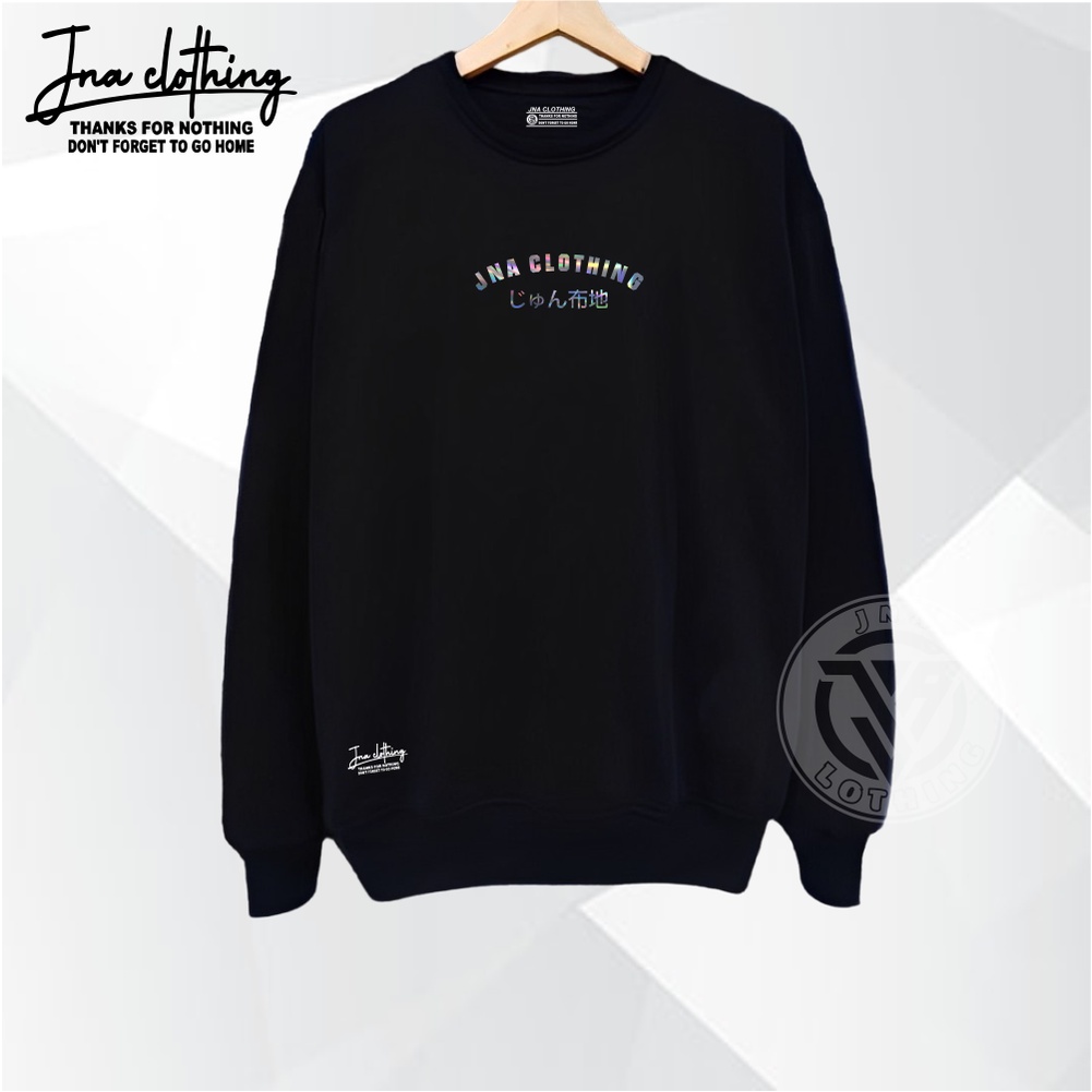 Sweater Pria Crewneck Hitam Oblong Sablon JNA FOIL Hologram Cowok Cewek Oversize M - XXL Suiter Distro Brand Local Bandung