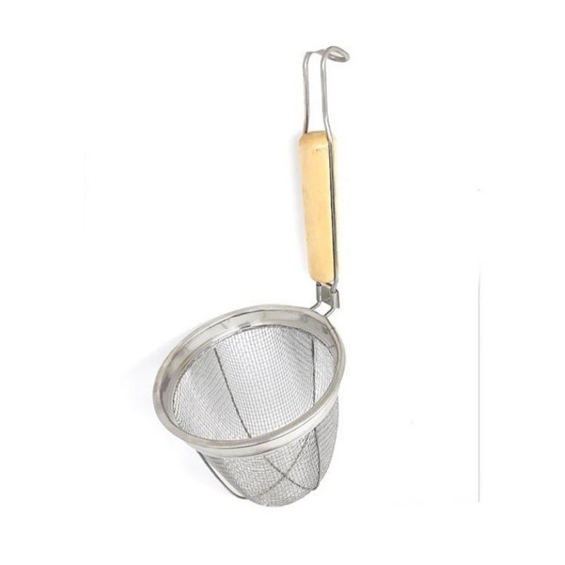 SARINGAN MIE AYAM 14CM gagang kayu PREMIUM / SEROK MIE AYAM BAKMIE RAMEN PASTA / SARINGAN MIE KOCOK stainless 14 CM GAGANG KAYU PREMIUM TEBAL