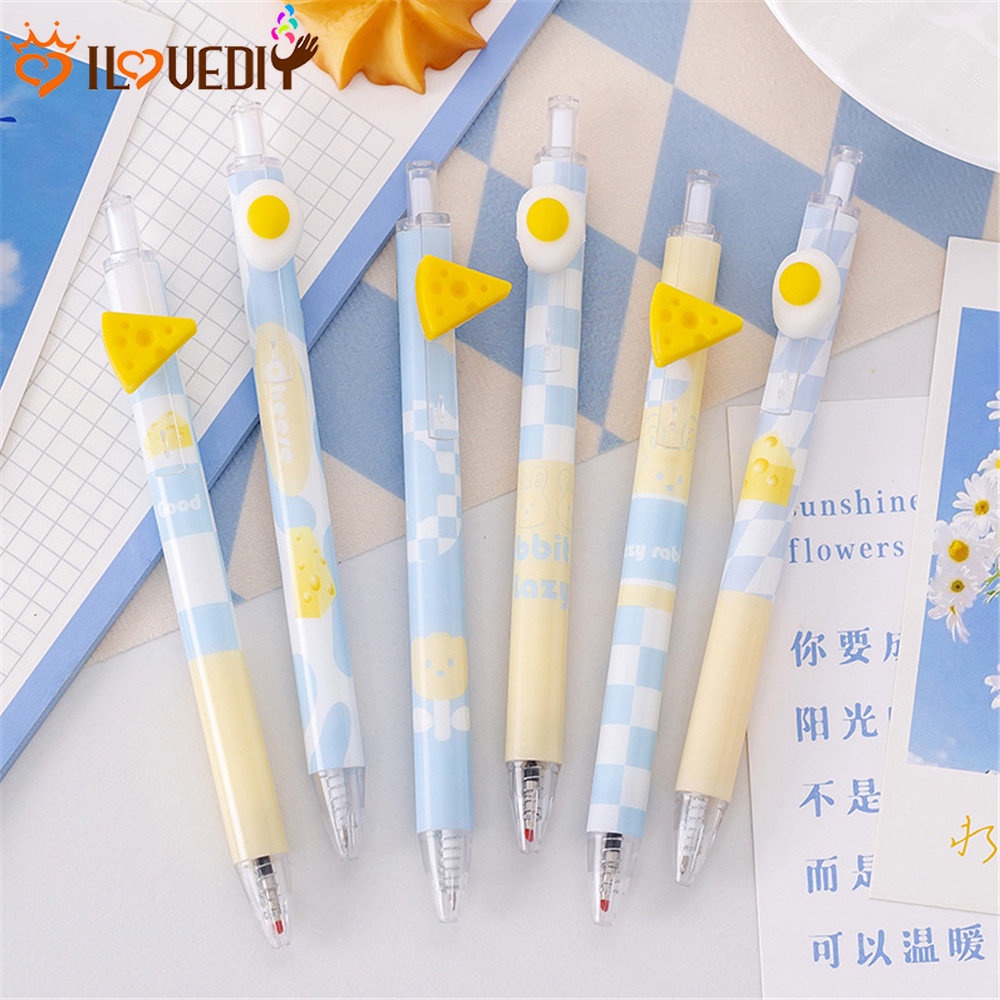 0.7mm Ditarik Gel Pena Lucu Kartun Telur Keju Press Pen Siswa Menulis Alat Tulis Kreatif Pena Netral Hitam Fountain Pen Perlengkapan Kantor Sekolah