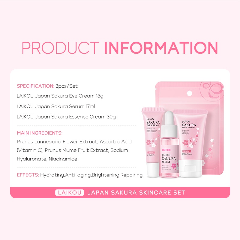 LAIKOU Sakura 3pcs Skin Care Set Serum Mengencangkan Pori-pori Krim Pelembap Memudarkan Noda Krim Mata Memudarkan Kerutan