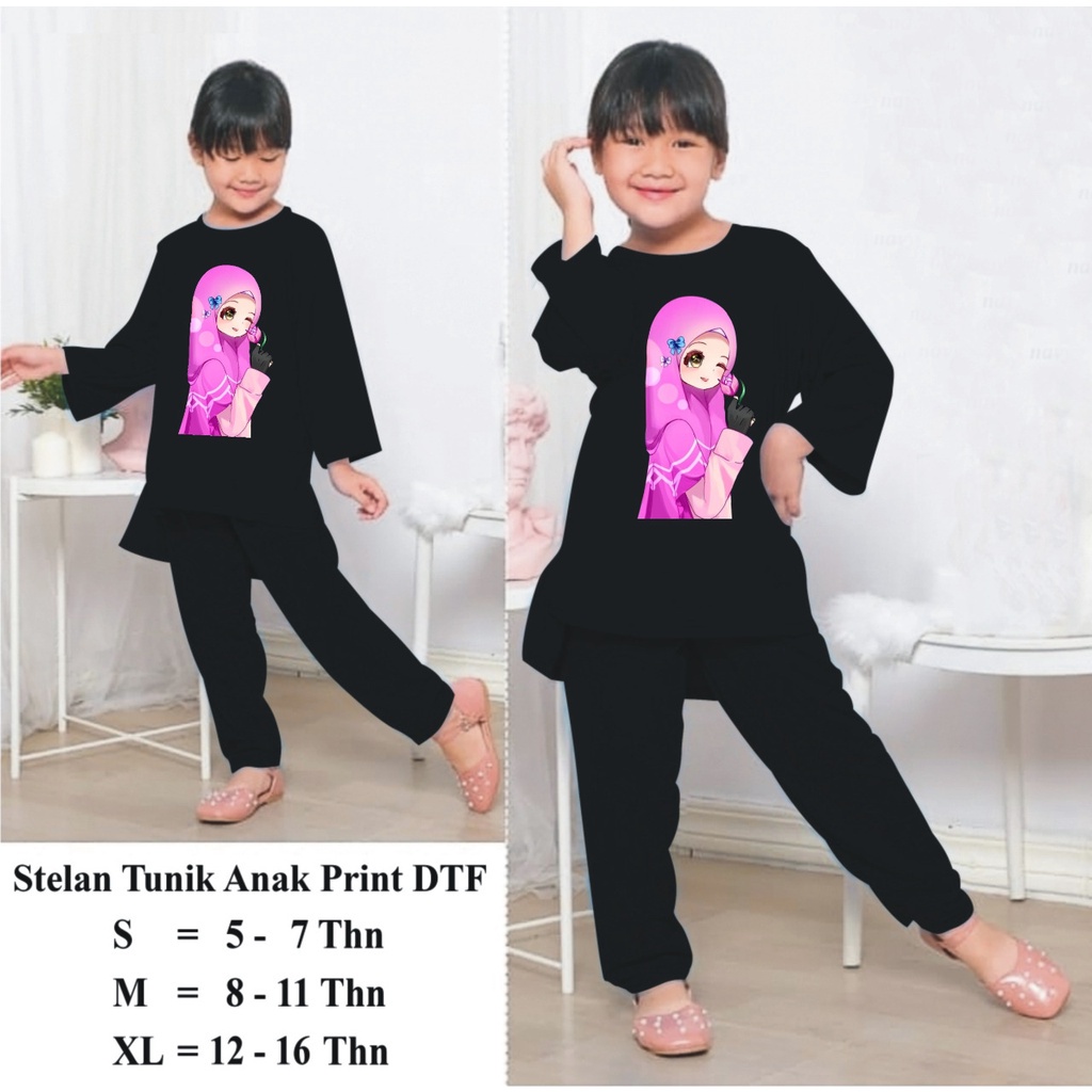 Hzl_outfit Setelan Tunik Hijab Flower Anak Perempuan/ Tunik Anak Setelan Celana Panjang