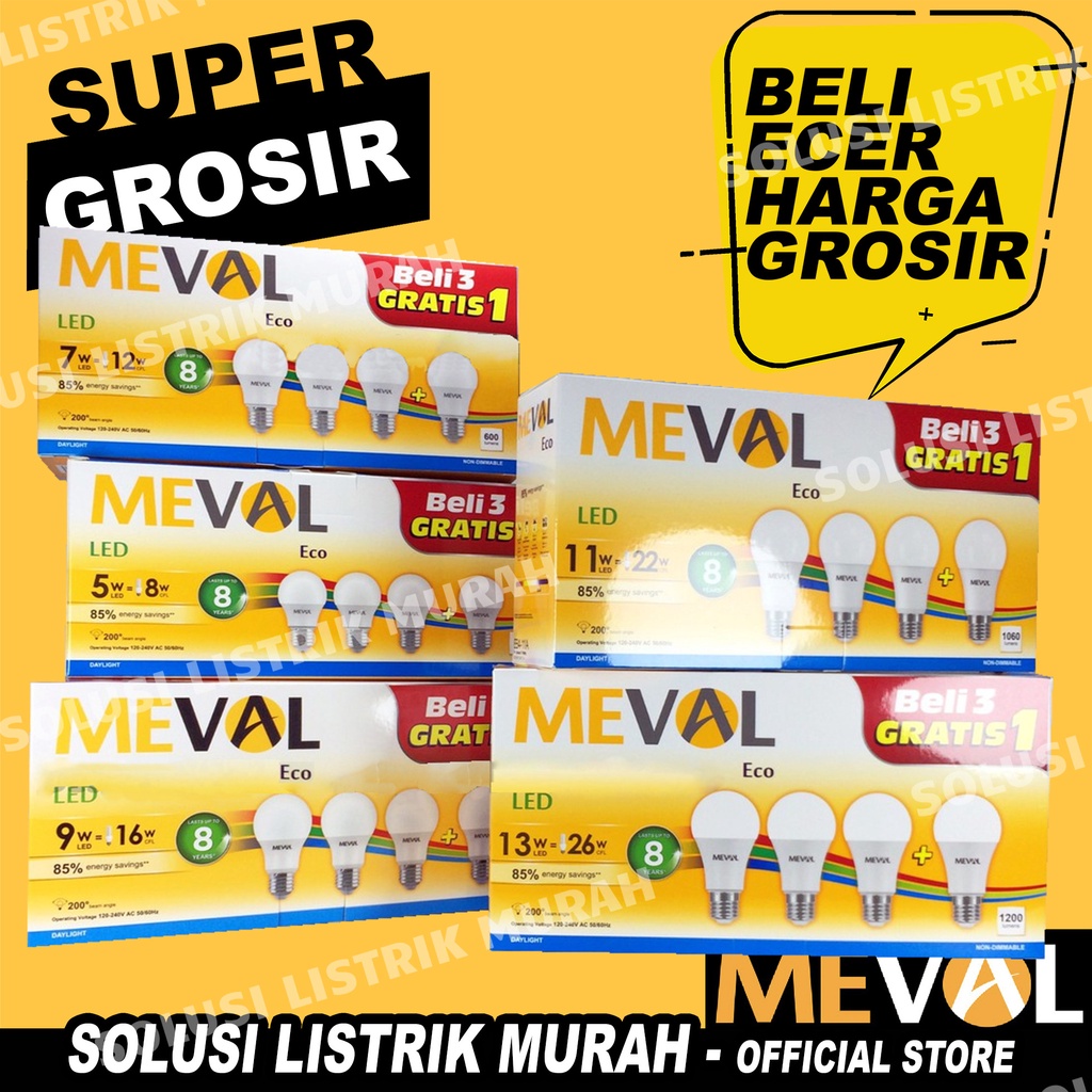 ((BELI 3 GRATIS 1)) MEVAL Paket Lampu Led 5W 7W 9W 11W 13Watt Eco Bulb Bohlam PUTIH