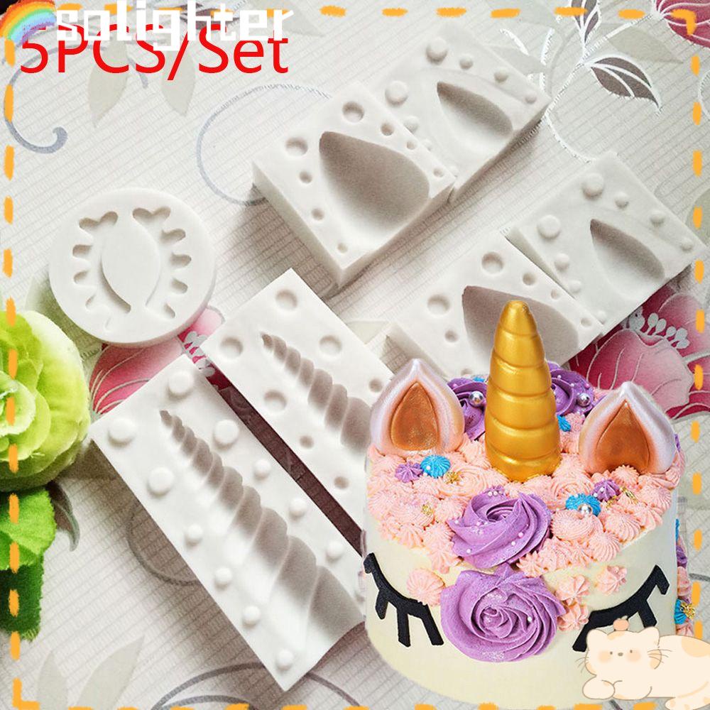 Solighter 5 Pcs/set Unicorn Cetakan Silikon DIY Ulang Tahun Bayi Membuat Kue Kering Permen Tanah Liat Gula Coklat Craft Baking Tool