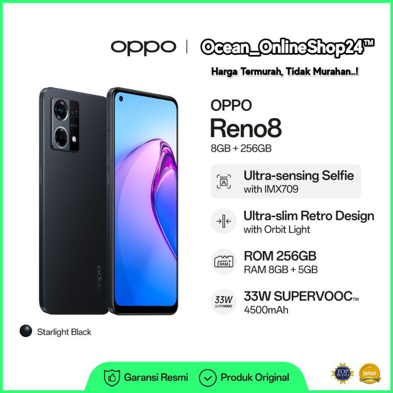 OPPO RENO8 4G RAM 8GB 256GB - STARRY BLACK - SNAPDRAGON 680 4G - AMOLED - 90Hz - IPX4 - 64MP - 33W S