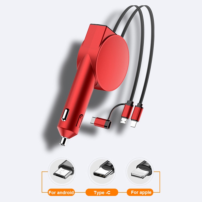 Charger Mobil 3in1 Dual-Line Retractable 60W Adaptor Charge Super Quick Charger Mobil Cepat Untuk iPhone Android Type-C Port