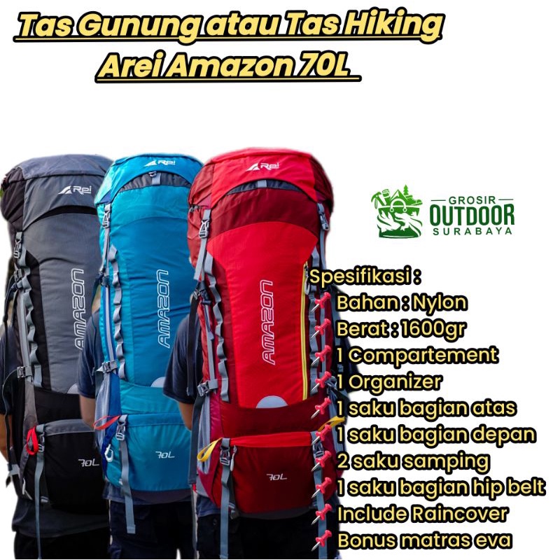 Tas gunung atau tas hiking Arei Amazon 70L
