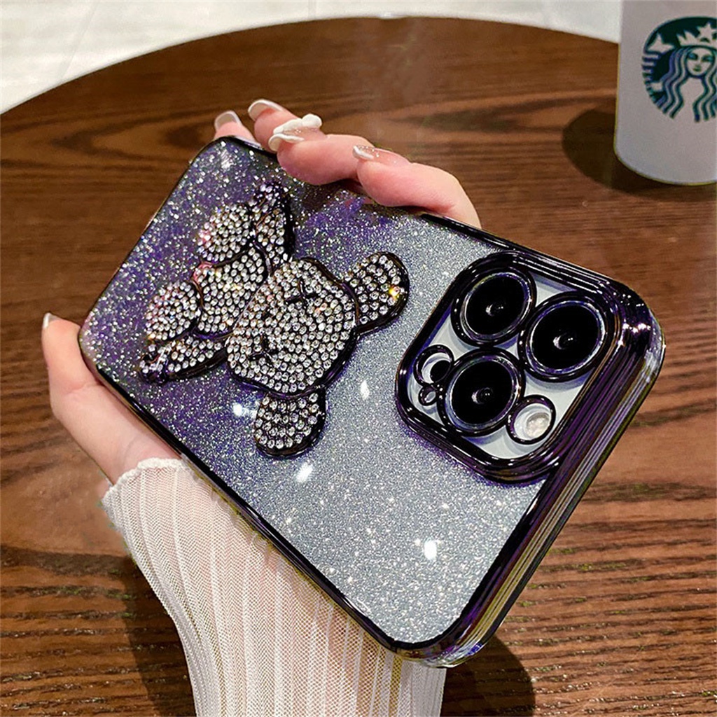 Casing Beruang Berlian Aesthetic Mewah iPhone 14 Pro Max Plus Case iPhone 13 12 Pro Max11 Promax 14plus Kamera Kedip Premium Full Tertutup Perlindungan Shockproof Soft Case