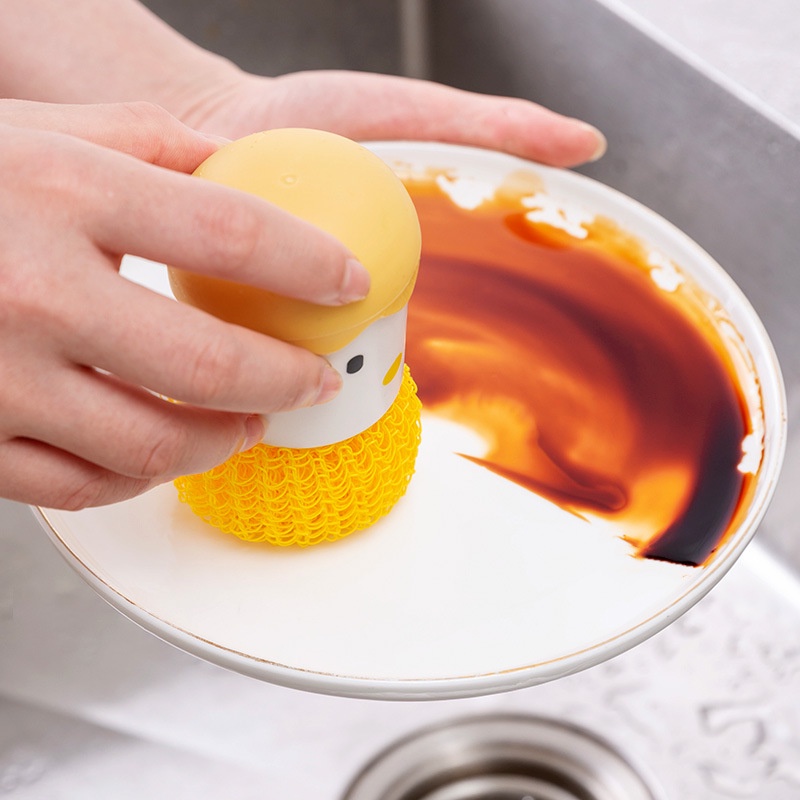 Sikat pembersih nano cuci piring lucu dengan pegangan sikat panci bentuk ayam dapur ayam kulit telur dapat dilepas , bola pembersih dekontaminasi hidangan sutra piring mangkong Sabut pencuci peralatan makan tempat sabun