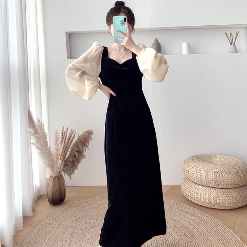 H7 D19  Midi dress Sweet heart neck velvet mix sifon long sleeve import / gaun lengan panjang bludru / korean midi vintage bodycon dress