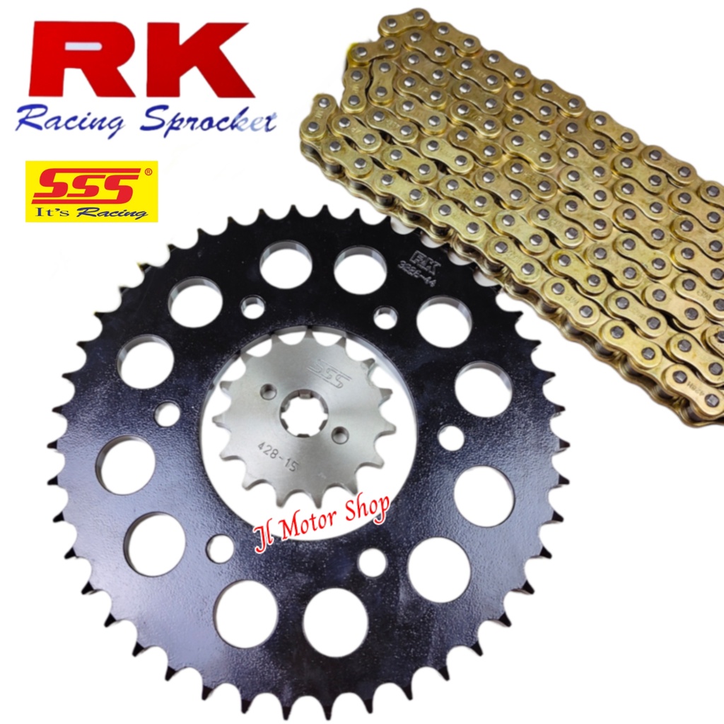 GIR GEAR SET GEARSET 428 MEGAPRO TIGER VERZA GL PRO CB150 CBR150 R VIXION R15 XABRE JUPITER MX KING BYSON JUPITER Z MX VEGA R RR F1ZR RXKING RX KING RXZ CB CBR 150 GEAR DEPAN SSS BELAKANG RK TAKASAGO + RANTAI GOLD 428 GIRSET GEAR SSS + RK